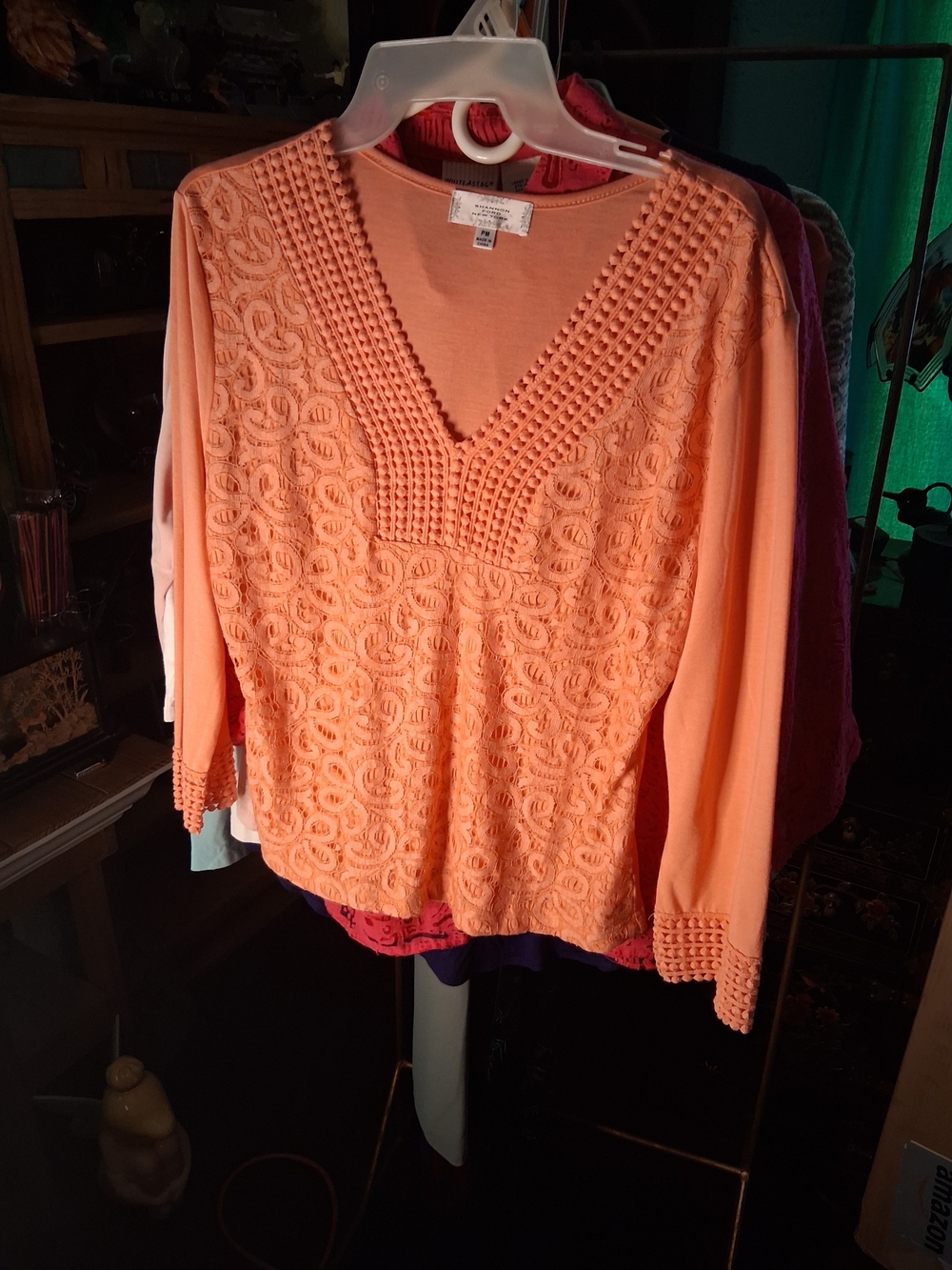 Crochet V-Neck Long Sleeve Blouse - Peach